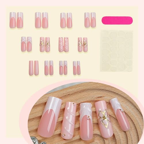 RUOKEXIN Long Square Press on Nails French Tip Fake Nails Pink Ombre False Nails with 3D Designs Sparkly Artificial Nails Acrylic Glue on Nails Press ons Cute Stick on Nails for Women 24Pcs - color: Long Style-C7C29