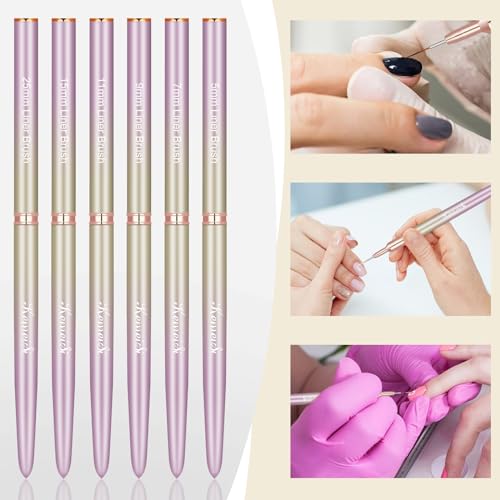 KEMEISI 6Pcs Nail Art Liner Brushes, Striping Nail Art Brush for Gel Polish Painting, Thin Detail Brush Fine Drawing Art Design Pen Size 5/7/9/11/15/25mm