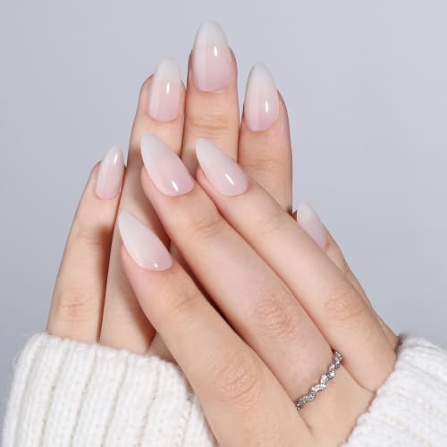 Milky White Press On Nails, Short Almond, Glossy Skin Tone Glue On Nails - color: B5-Light Nude