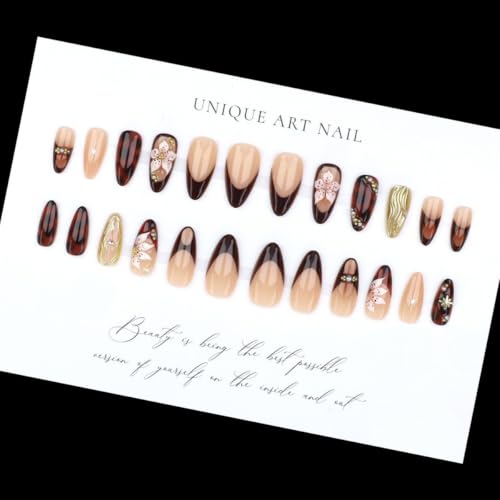 Fall Brown Press on Nails Medium Almond - Tortoiseshell & 3D Flowers - color: D-48