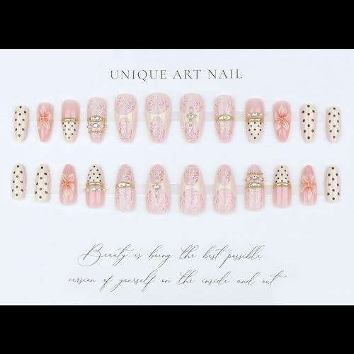 White Lace Press On Nails Medium Almond Fake Nails Polka Dot False Nails With Flower Gold Ring Design Acrylic Nails Press Ons Rhinestone Reusable Glue On Nails For Women - color: Design-28