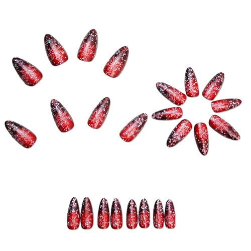 24 Pcs Christmas Red Press On Nails Medium Almond Fake Nails Red Glitter Gradient False Nails Winter Holiday Glue on Nails Sequin Full Cover Glossy Stick on Nails for Acrylic Xmas Manicure Decoration