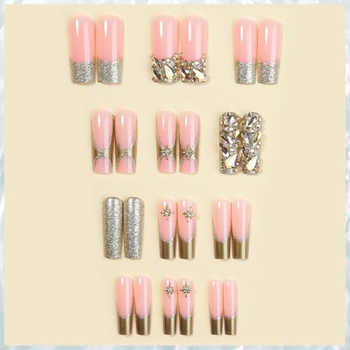 MISUD Press on Nails - Long Square Fake Nails with Gold Chrome, Acrylic Bling Glitter Rhinestone Design 24 pcs - color: 07801-02Gold