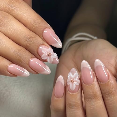French Tip Press On Nails Almond Medium Fake Nails With 3D White Flower Design False Nails Pink Spring Acrylic Nails Press Ons Glossy Glue On Nails For Women - color: Design-4