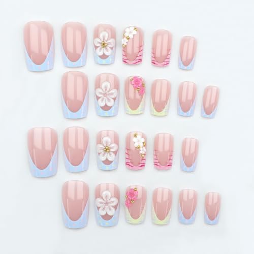 French Tip Press on Nails Medium Square 3D Floral Spot Design - color: Pink White Red Blue