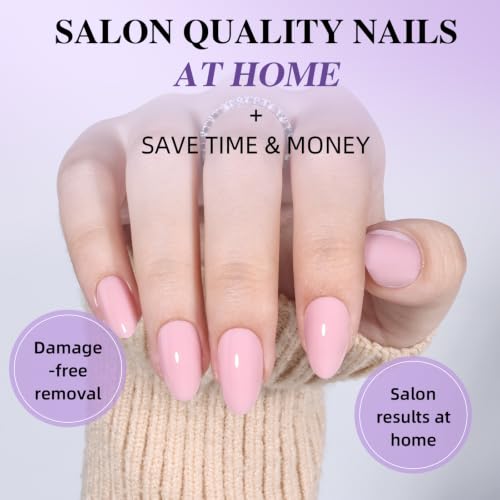Light Pink Press On Nails, Short Almond, Glossy Blush Glue On Nails - color: A6-Light pink