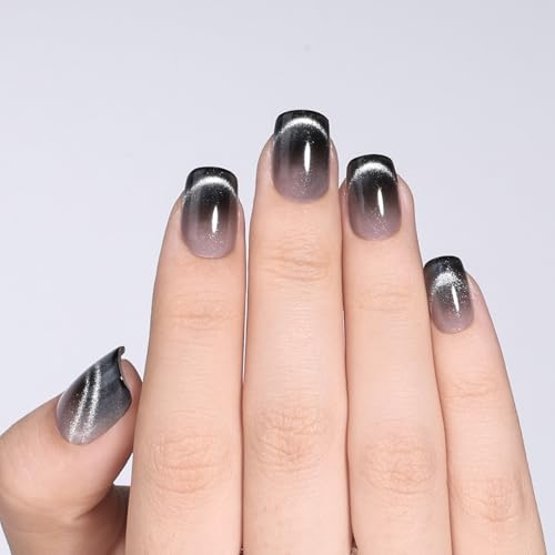 Black Ombre Cat Eye Press On Nails, Short Square Reusable Nails - color: I2-Smoked Eclipse