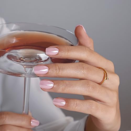 SHANGMENG Press on Nails, Square Short Light Pink Chrome Nails, Soft Gel - color: Blush Veil