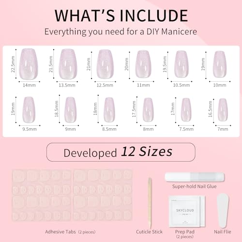 Cat Eyes Press On Nails,12 Sizes - 24 Pcs Soft Gel Purple Medium Coffin Fake Nails Kit with Nail Glue, Natural Reusable Stick On False Nails for Women and Girls (Skycloud Short Light Purple) SK0716 - color: Purple