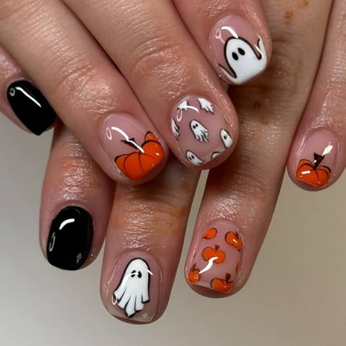 Halloween Press on Nails Cute Little Ghost Stick on Nails Glossy Fake Nail with Orange Pumpkins Designs Full Cover Acrylic Short Square False Nails for Women DIY Halloween Manicuare 24 Pcs - color: Halloween Ghost