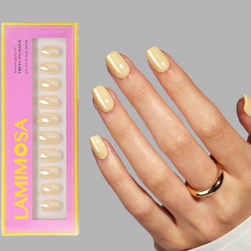 LAMIMOSA 32Pcs Chrome Butter Yellow Press On Nails Short Square, BUTTER - color: BUTTER