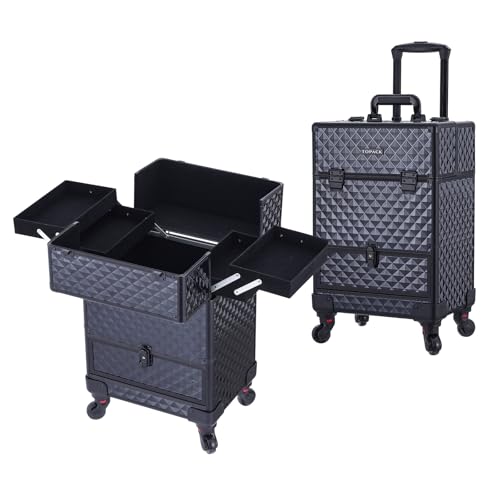 TOPACK 3-In-1 360°Rotaing Rolling Makeup Train Case with Trolley/drawer - color: all black, size: medium