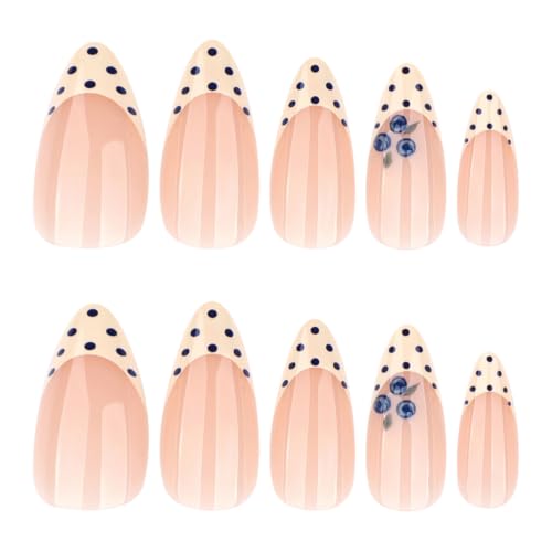 Medium Almond Press on Nails Yellow French Tip Fake Nail Polka Dots Acrylic - color: BD-Yellow Nude-12