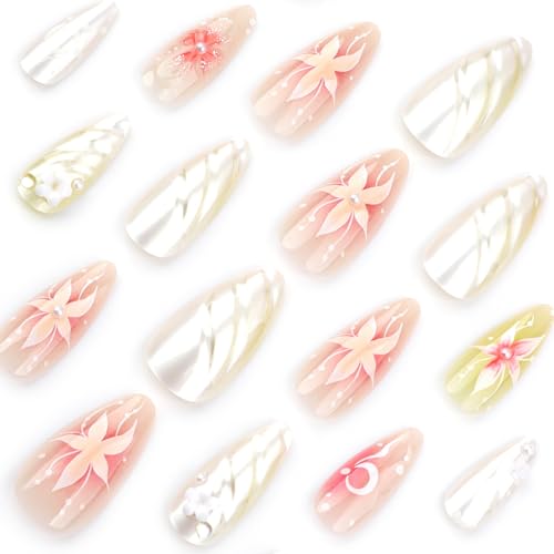 Almond Press on Nails Medium Fake Nails Ombre with 3D Flower Design Glossy Full Cover False Nails for Women Manicure 24Pcs - color: Colorful