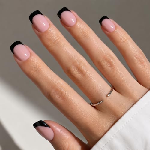 Black French Tip Press On Nails - Black Short Square Fake Nails - color: 7C - Bare Eclipse