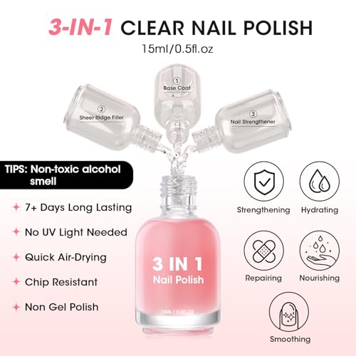 GELLEN Clear Nail Polish Ridge Filling Base Coat, No Light Needed,HEMA Free - color: Clear Pink Tint
