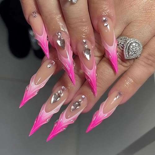 MISUD Press on Nails - Long Stiletto Fake Nails with Hot Pink, Acrylic Handmade 3D Rhinestone Design 24 pcs - color: 06103Pink