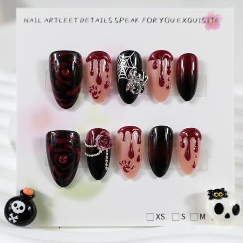 30Pcs Gothic Press on Nails Medium Almond Halloween Fake Nails with 3D Red Blood Drop Flower Silver Spider Rhinestones Design Goth False Nails Halloween Glue on Nails Spider Web Nail for Women - color: Gothic