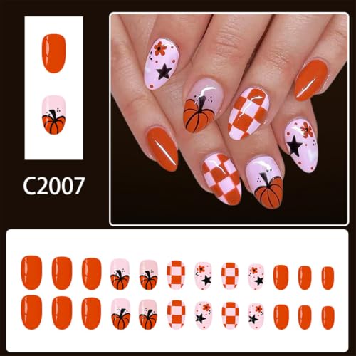 30Pcs Fall Press on Nails - Short Almond Fake Nails, Orange - color: Style-10