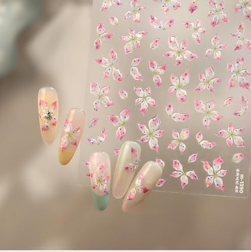 1 Sheet Flower Nail Stickers 5D Embossed Lily Flower Stickers for Nails Hibiscus Nail Decals Tropical Floral Summer Nail Supplies Pink Hawaiian Floral Petals Manicure Decoration Nail Charms for Women - style: summer hibiscus