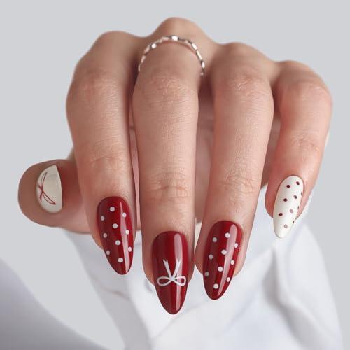 SHANGMENG Red White Press on Nails, Almond Medium Polka Dot Bow Fake Nails - color: Red & White Gala