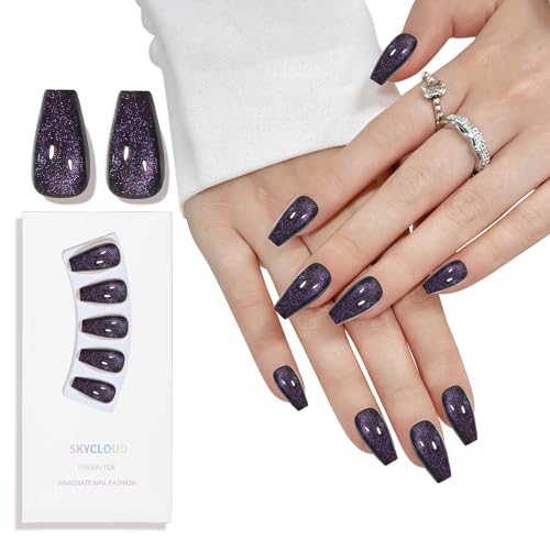 Cat Eyes Press On Nails,12 Sizes - 24 Pcs Soft Gel Dark purple Medium Coffin Fake Nails Kit with Nail Glue,Reusable Stick On False Nails for Women and Girls (Skycloud Cateye Dark purple) SK0705 - color: SK0705-Fuchsia