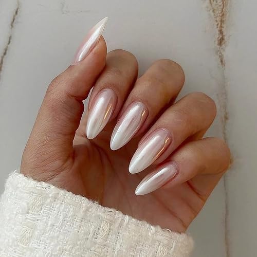 Qsnidy Pearlescent Press on Nails - Glazed Ombre Nude, Medium Almond - color: Glazed Ombre Nude
