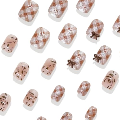 Fall Press on Nails Short Square Fake Nails 3D Bow Cat Eye Checkered Design - color: 25