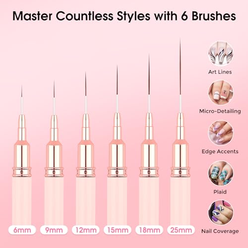 Nail Art Brushes, Nail Art Liner Brushes Set, 6Pcs Nail Brushes - color: Pink