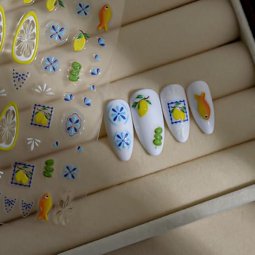 1 Sheet Bohemian Nail Stickers 5D Embossed Lemon Nail Decals Summer Fruit Nail Design Small Fish Nail Art Stickers Beach Nail Accessories Boho Style Blue Floral Nail Supply for Women Manicure DIY - color: Bohemian