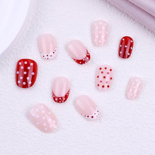 Polka Dot Press On Nails Short Almond Fake Nails Red White French Tip Nails - color: BD-Claret-10