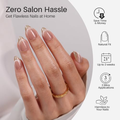 SHANGMENG Press on Nails, Short Almond Glitter French Cat Eye Fake Nails - color: Smile & Shine