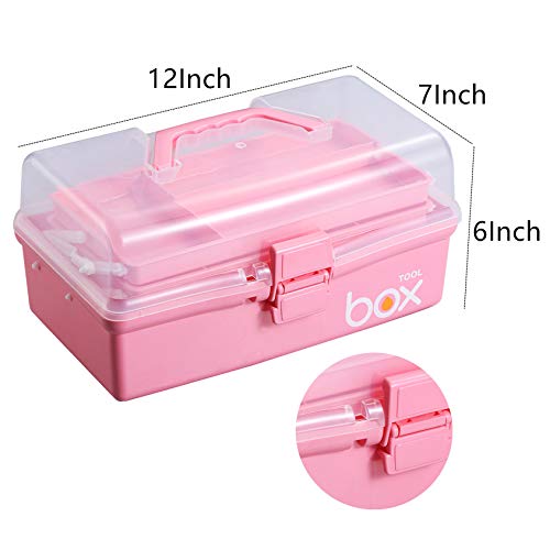 Kinsorcai 2PCS 12'' Three-Layer Clear Plastic Storage Box/Tool Box, Multipurpose Organizer and Portable Handled Storage Case for Art Craft and Cosmetic (Pink) - color: pink, size: 2PCS