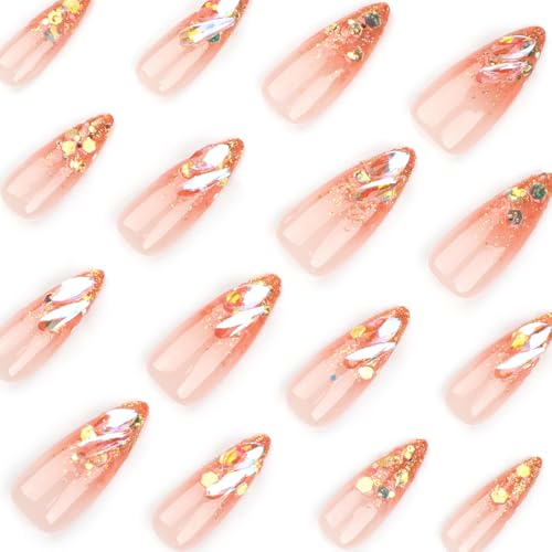 MISUD Press on Nails - Long Stiletto Glue on Nails with Orange Ombre, Acrylic Bling Glitter Rhinestone Design 24 pcs - color: 06122Orange
