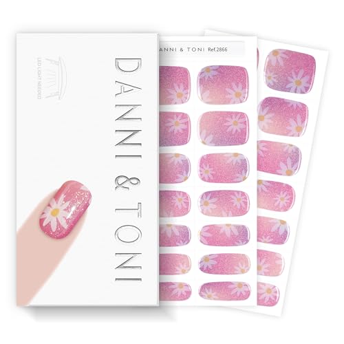 DANNI & TONI Semi Cured Gel Nail Strips Daisy Pink Holographic Gradient Gel Nail Wraps 28 Stickers | Aurora Bloom - color: Aurora Bloom