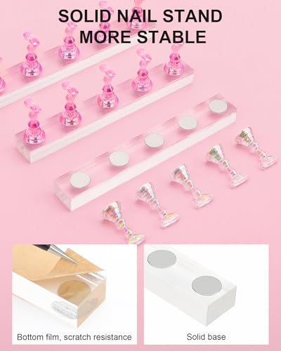 Nail Stand for Press Ons, Nail Holder for Painting Nails, Upgraded Solid Acrylic Magnetic Fake Nail Stands Tips, 3 Nail Holder with Double-sided Tape Practice Nail Art Tools - color: Pink+Clear