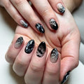 30Pcs Halloween Press on Nails Short Almond Black Gradient Spider Bat Web - color: Halloween Black Gradient
