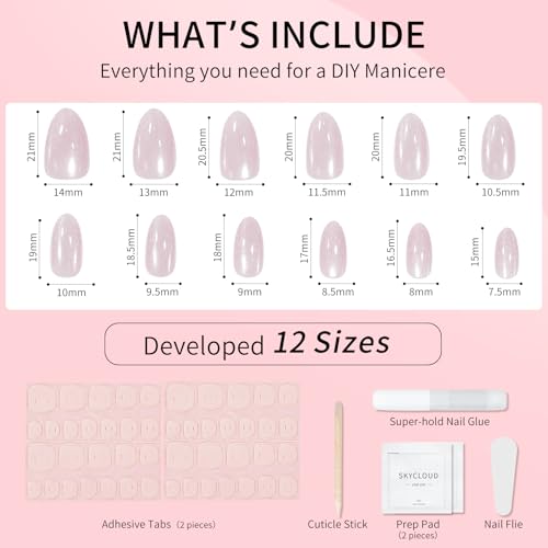 Almond Cat Eyes Press On Nails,12 Sizes - 24 Pcs Soft Gel Light Purple Medium Fake Nails Kit with Nail Glue, Natural Reusable Stick On False Nails for Women and Girls (Skycloud Light Purple) SK0763 - color: SK0763-Light Purple