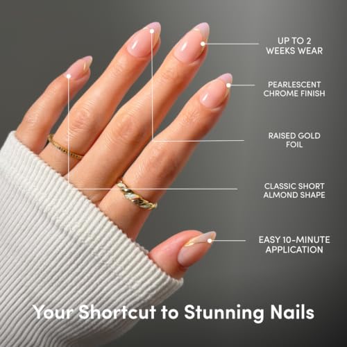 Glamnetic Press On Nails - Short Almond Chrome Fake Nails 30 Pc Full Kit - color: Heavenly Touch - Gold Foil French Tip