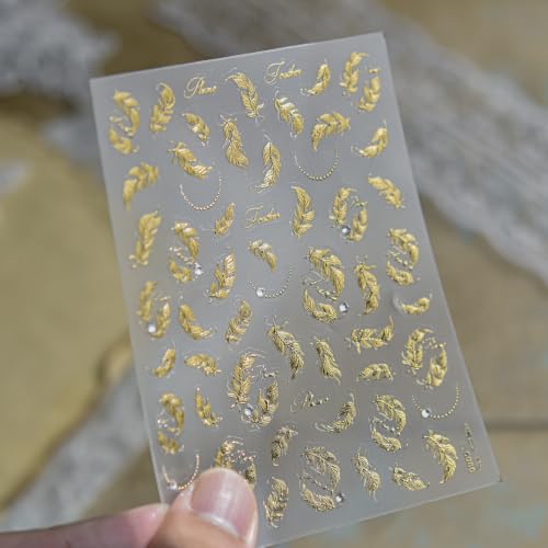 Gold Silver Nail Stickers Metal Feather Nail Decals for Acrylic Manicure - color: Color18