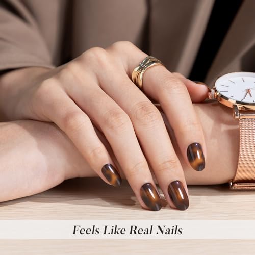SHANGMENG Press on Nails, Oval Short Tortoise Shell Fake Nails, Soft Gel - color: Amber Memory