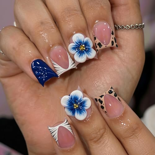 Fall Blue Press On Nails Short Square Duck Fake Nails With Flower Designs - color: fallnails20