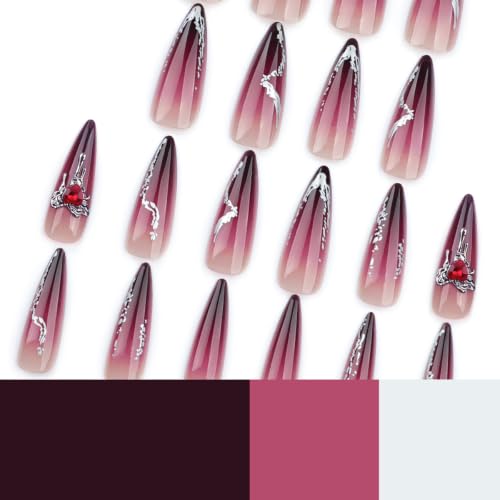 Halloween Red Ombre Press on Nails Long Stiletto - Heart Rhinestone - color: Style-26