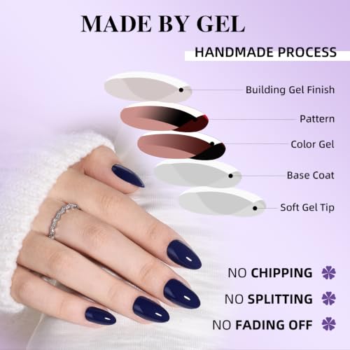Navy Blue Press On Nails, Short Almond, Glossy Dark Blue Glue On Nails - color: D8-Navy Blue