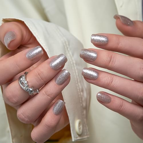 CurvLife Short Square Glitter Press On Nails, Silver Spark, Soft Gel - color: Silver with glitter
