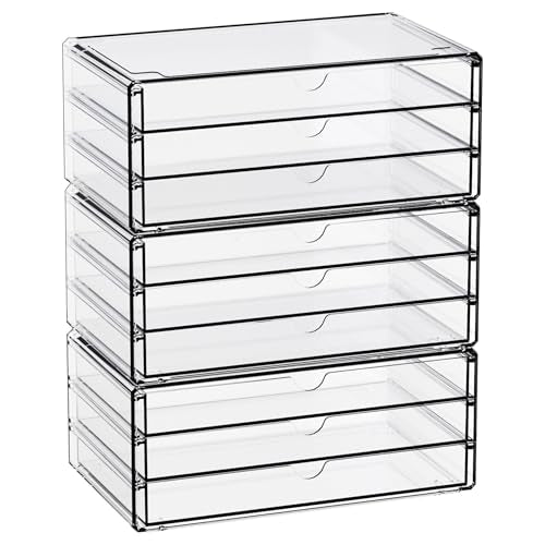 Yieach 11.1 Inch Long Clear Drawer Organizers Stackable,3 Pack Small Acrylic Drawers,School,Office Supplies Organizer And Storage Bins for Stationery,Marker,Pen,Pencil,Craft Desktop Storage Drawers - size: 9 Drawers-10.1 In Long