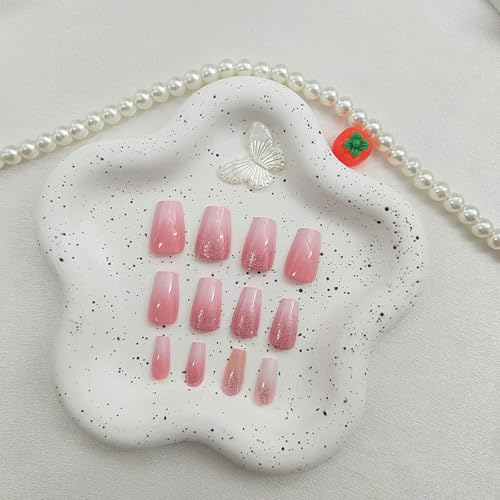 Coffin Press on Nails Short Fake Nails with Glitter Gradient Designs Pink Nails Press ons Cute Acrylic Nails Glossy Glue on Nails Daily Wear Simple False Nails Fall Stick on Nails for Women 24Pcs - color: Glitter Gradient Designs