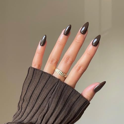 Brown Almond Shaped Nails, Medium Length, 24pcs Press On False Nails, Reusable, No UV Light Needed - color: glossy brown