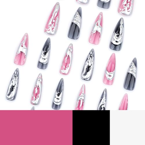 MISUD Press on Nails - Long Stiletto Glue on Nails with Goth Pink Black, Acrylic 3D Silver Chrome Design 24 pcs - color: 06121-03Pink&Black