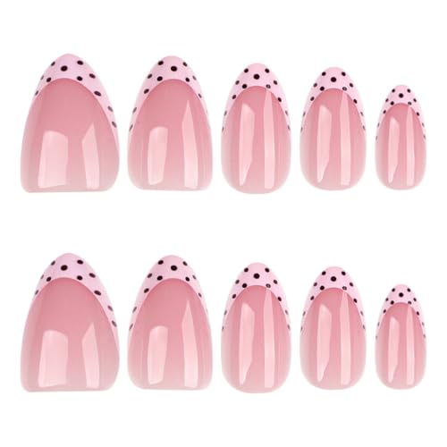 Polka Dots Press on Nails Short Almond Fake Nails Pink French Tip Acrylic - color: BD-Pink-13